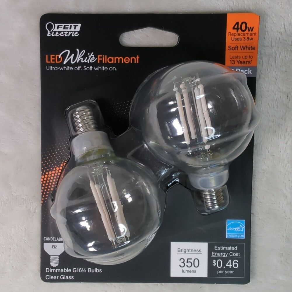 Feit Electric LED White Filament G16.5 E12 Candelabra Bulbs 40W 2 Pack Soft